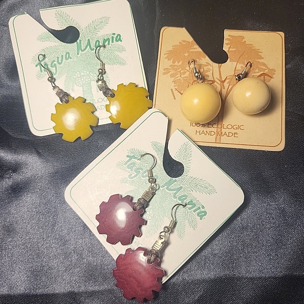 210. Tagua Maria & Ivory Nut Earrings 100% Ecological Handmade LOT OF 3 Boho NEW